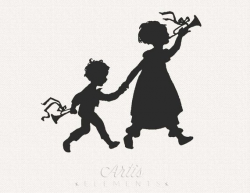 Silhouette ClipArt of Little Brother and Big Sister Tooting