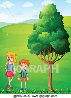Vector Illustration - A tall girl with her brother at the hilltop ...
