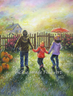 Three Children Art Print autumn paintings pumpkins two boys