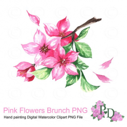 Pink Flowers Brunch Watercolor Clipart PNG file Digital Hand