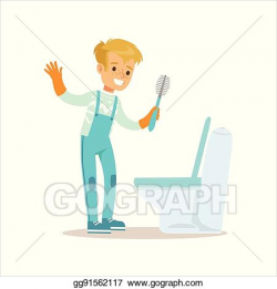 Vector Art - Boy in gloves cleaning toilet with brush smiling ...