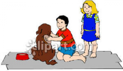 A Child Brushing a Dog - Royalty Free Clipart Picture