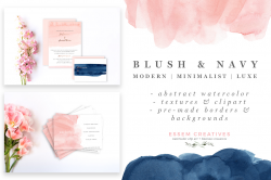 Blush and Navy Abstract Watercolor Splash Clipart & Backgrounds