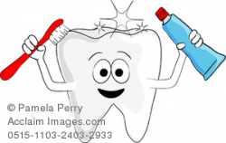 Clip Art Image of a Cartoon Tooth Holding a Toothbrush and Toothpaste