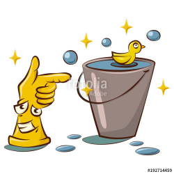 Cute yellow rubber gloves cartoon character with a bucket of water ...