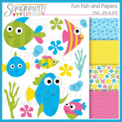 Fish Clipart and digital papers includes bright happy fish, flowers ...