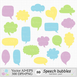 Speech Bubbles Clipart, Hand drawn Text Clouds Clipart, Pastel ...