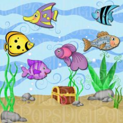 Happy Fish and Bubbles - Cartoon Fish - - Digital Files PNG Files ...