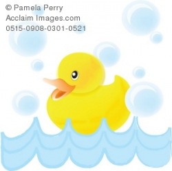 Clip Art Illustration of a Baby Duck Swimming With Bubbles