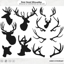 Deer Head Silhouette Clip Art + Line Art Outline, Buck & Doe ...