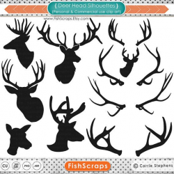 Deer Head Silhouette Clip Art + Line Art Outline, Buck & Doe ...