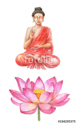 Hand drawn watercolor religion illustration of Buddha and lotus ...
