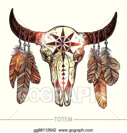 Vector Art - Sketch buffalo skull with feathers. Clipart Drawing ...
