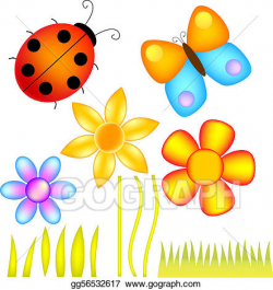 Vector Art - Flowers, grass, butterfly and bug. Clipart Drawing ...