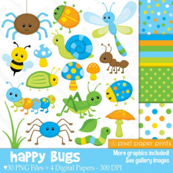 Happy Bugs Clipart and Digital Paper Set