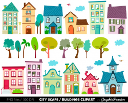 Houses Clip Art Set- houses clipart, cute houses, neighborhood, trees,  church, bakery, buildings, school instant download