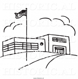 Clipart of an American Flag Beside School Building - Black and White ...