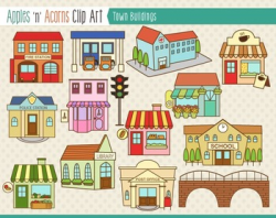 Town Buildings Clip Art - color and outlines by Apples 'n' Acorns