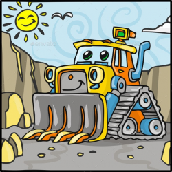 Cartoon Bulldozer Character with Quarry