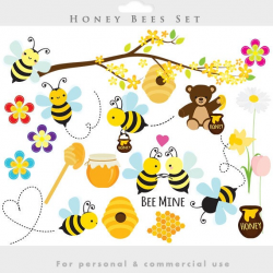 Bees clipart - honey bees clip art, spring bumblebees whimsical flowers  springtime, honey clipart for personal and commercial use