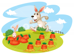 Illustration of a bunny running along the garden with carrots on a ...