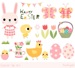 Cute Easter clipart, Happy Easter clip art set, Pink Easter bunny ...