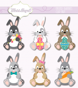 Easter Bunnies Clipart. 6 Easter bunny. Grey rabbit with egg, carrot ...