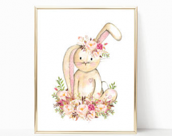 Woodland Nursery Girl Art. Bunny Nursery Art. Watercolor Bunny