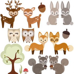Woodland Forest Animal Clipart, Owl, Deer, Fox, Squirrel, Bunny Clip ...