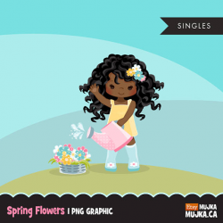 Spring flowers Easter clipart cute characters watering