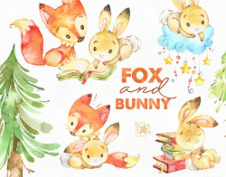 Fox and Bunny. Cute animal clipart, watercolor, friends, woodland ...