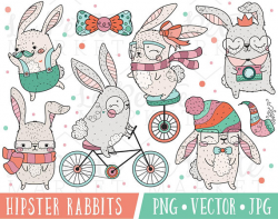 Cute Rabbit Clipart Hipster Clipart Kawaii Bunny Clipart