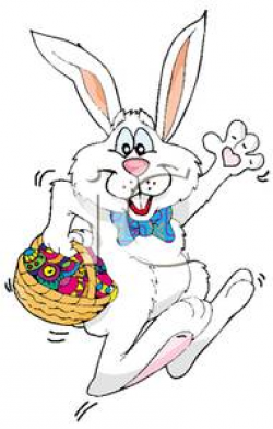A White Easter Bunny Happily Hopping Carrying a Basket of Colored ...
