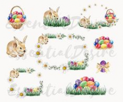 Watercolor bunny, floral clipart, spring clipart, rustic clipart ...