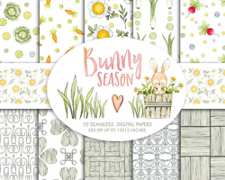 Watercolor Bunny Digital papers, seamless patterns, vegetables ...