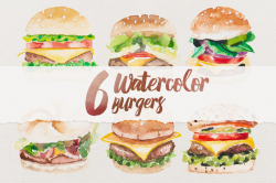 6 Watercolor Burgers - Food Clipart, Burger Clipart, Watercolor ...
