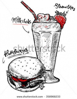 fresh food vector sketch template. milkshake and burger sketch set ...
