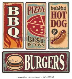 Vintage fast food tin signs. Retro metal signs collection with pizza ...