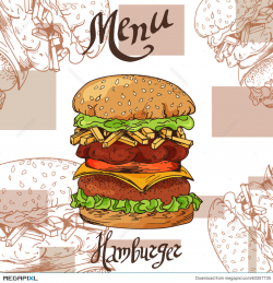 Fast Food Poster With Hamburger. Hand Draw Retro Illustration ...