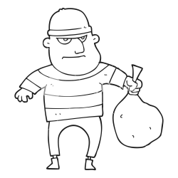 freehand drawn black and white cartoon burglar with loot bag Royalty ...