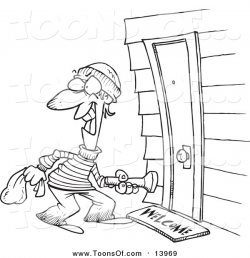 Clipart of a Lineart Male Burglar at a Door by toonaday - #13969