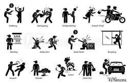 Crime and Criminal. Pictogram depicts various criminal activities ...