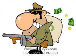 Clipart Illustration of A Thief With a Bag of Money and a Machine Gun