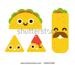 Mexican food with cute smiling faces. Taco, burrito and nachos with ...