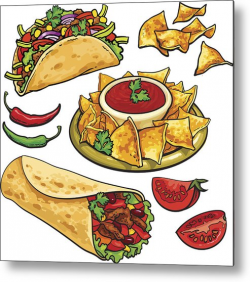 Set Of Traditional Mexican Food - Burrito, Taco, Nachos, Salsa Metal Print