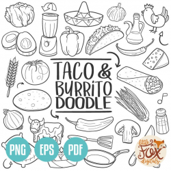 VECTOR EPS TACO Burrito Mexican Fast Food Day Restaurant Menu Doodle Icons  Clipart Scrapbook Set Coloring Line Art Hand Drawn Sketch