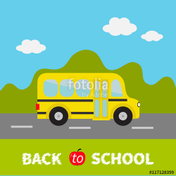 Yellow school bus kids. Green grass and road. Cartoon clipart ...