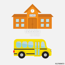 School building with clock and windows. City construction. Yellow ...