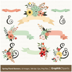 Spring Floral Banners Clip Art. Flowers, Ribbons, Vector Flowers ...
