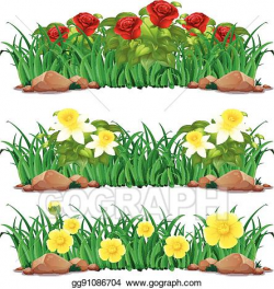 Vector Illustration - Different types of flowers in bush ...